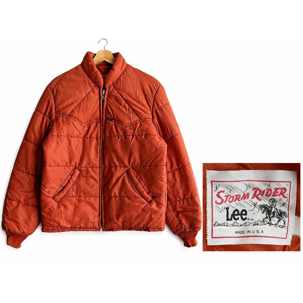VTG 70s Lee Storm Rider Mens Medium Orange Full Zip Western Cowboy Puffer Jacket